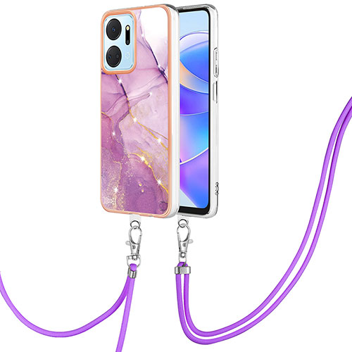 Silicone Candy Rubber Gel Fashionable Pattern Soft Case Cover with Lanyard Strap Y05B for Huawei Honor X7a Clove Purple