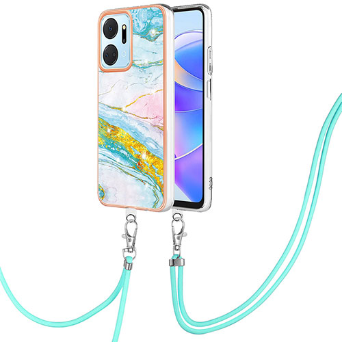 Silicone Candy Rubber Gel Fashionable Pattern Soft Case Cover with Lanyard Strap Y05B for Huawei Honor X7a Colorful