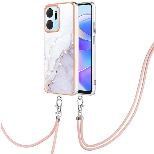 Silicone Candy Rubber Gel Fashionable Pattern Soft Case Cover with Lanyard Strap Y05B for Huawei Honor X7a White