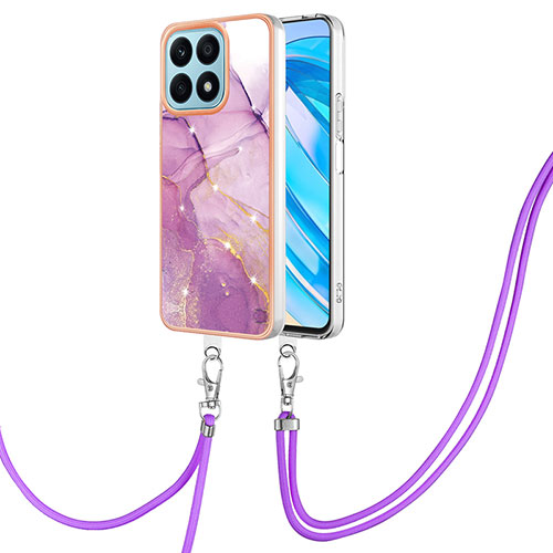 Silicone Candy Rubber Gel Fashionable Pattern Soft Case Cover with Lanyard Strap Y05B for Huawei Honor X8a 4G Clove Purple