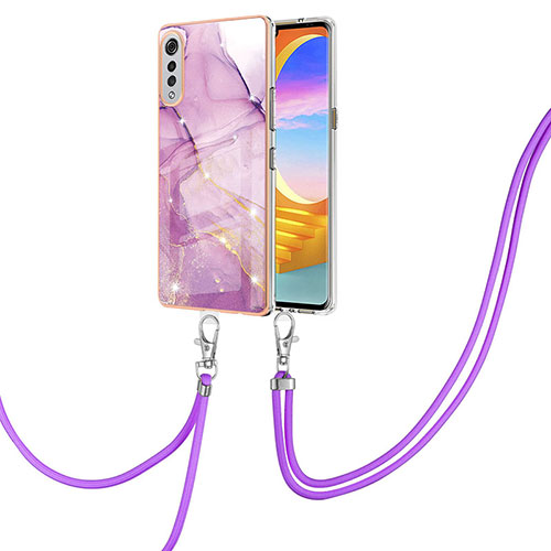 Silicone Candy Rubber Gel Fashionable Pattern Soft Case Cover with Lanyard Strap Y05B for LG Velvet 4G Clove Purple