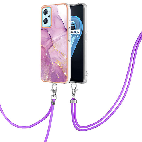 Silicone Candy Rubber Gel Fashionable Pattern Soft Case Cover with Lanyard Strap Y05B for Oppo A96 4G Clove Purple