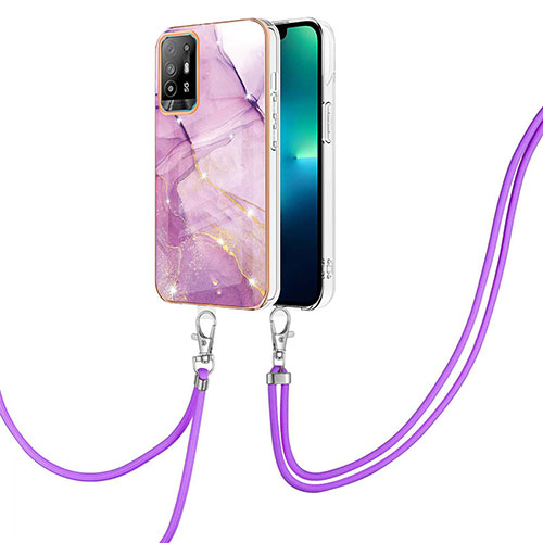 Silicone Candy Rubber Gel Fashionable Pattern Soft Case Cover with Lanyard Strap Y05B for Oppo Reno5 Z 5G Clove Purple