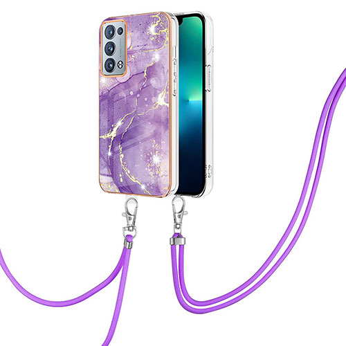 Silicone Candy Rubber Gel Fashionable Pattern Soft Case Cover with Lanyard Strap Y05B for Oppo Reno6 Pro 5G Purple