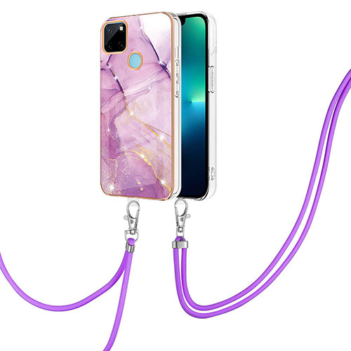 Silicone Candy Rubber Gel Fashionable Pattern Soft Case Cover with Lanyard Strap Y05B for Realme C21Y Clove Purple