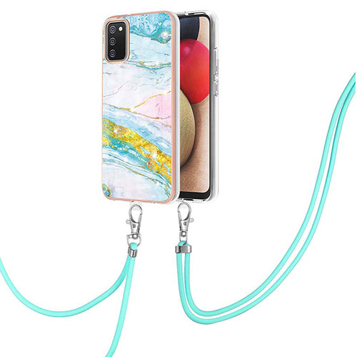 Silicone Candy Rubber Gel Fashionable Pattern Soft Case Cover with Lanyard Strap Y05B for Samsung Galaxy A03s Colorful