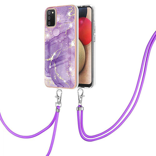 Silicone Candy Rubber Gel Fashionable Pattern Soft Case Cover with Lanyard Strap Y05B for Samsung Galaxy A03s Purple