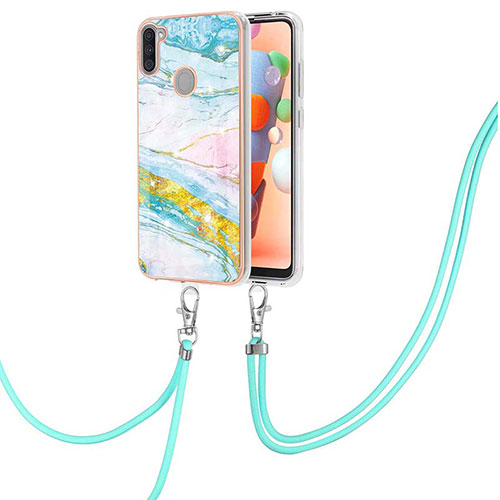 Silicone Candy Rubber Gel Fashionable Pattern Soft Case Cover with Lanyard Strap Y05B for Samsung Galaxy A11 Colorful