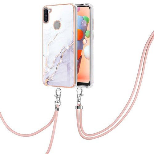 Silicone Candy Rubber Gel Fashionable Pattern Soft Case Cover with Lanyard Strap Y05B for Samsung Galaxy A11 White