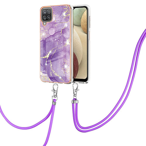 Silicone Candy Rubber Gel Fashionable Pattern Soft Case Cover with Lanyard Strap Y05B for Samsung Galaxy A12 5G Purple