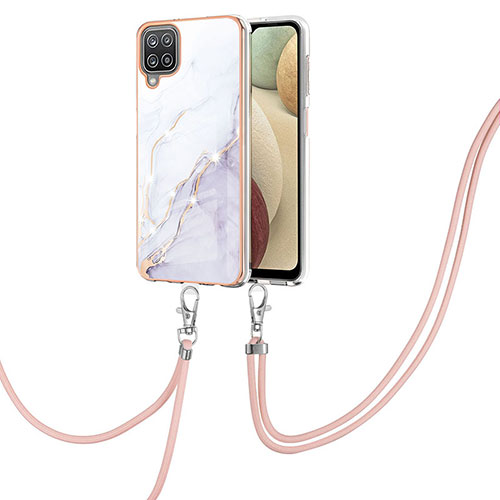 Silicone Candy Rubber Gel Fashionable Pattern Soft Case Cover with Lanyard Strap Y05B for Samsung Galaxy A12 5G White