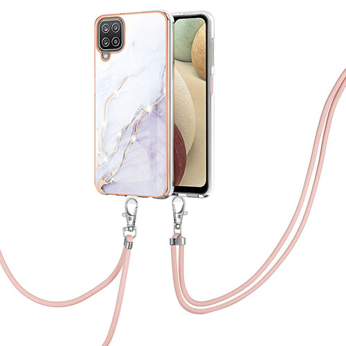 Silicone Candy Rubber Gel Fashionable Pattern Soft Case Cover with Lanyard Strap Y05B for Samsung Galaxy A12 White