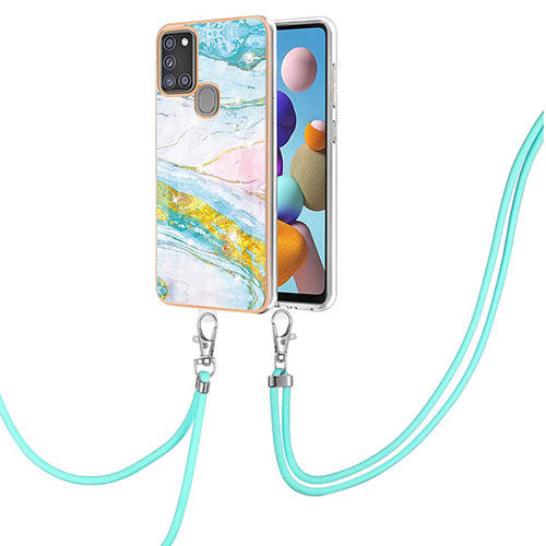 Silicone Candy Rubber Gel Fashionable Pattern Soft Case Cover with Lanyard Strap Y05B for Samsung Galaxy A21s Colorful