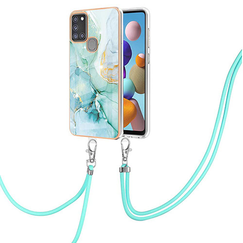 Silicone Candy Rubber Gel Fashionable Pattern Soft Case Cover with Lanyard Strap Y05B for Samsung Galaxy A21s Green