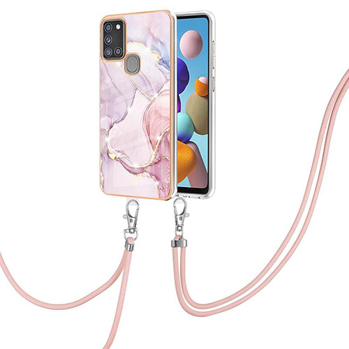 Silicone Candy Rubber Gel Fashionable Pattern Soft Case Cover with Lanyard Strap Y05B for Samsung Galaxy A21s Pink