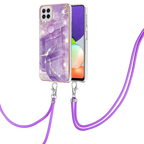 Silicone Candy Rubber Gel Fashionable Pattern Soft Case Cover with Lanyard Strap Y05B for Samsung Galaxy A22 4G Purple