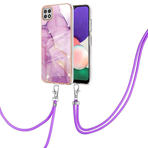 Silicone Candy Rubber Gel Fashionable Pattern Soft Case Cover with Lanyard Strap Y05B for Samsung Galaxy A22s 5G Clove Purple
