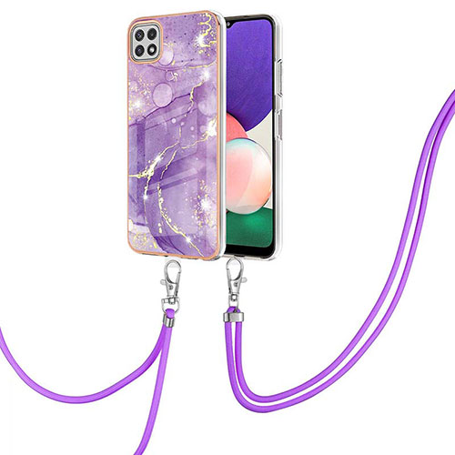 Silicone Candy Rubber Gel Fashionable Pattern Soft Case Cover with Lanyard Strap Y05B for Samsung Galaxy A22s 5G Purple