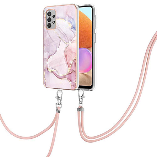 Silicone Candy Rubber Gel Fashionable Pattern Soft Case Cover with Lanyard Strap Y05B for Samsung Galaxy A32 4G Pink