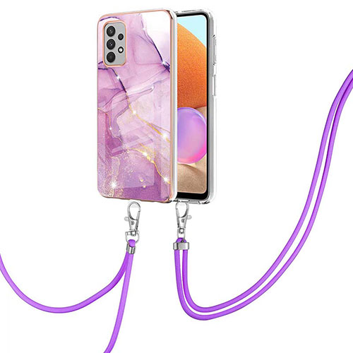 Silicone Candy Rubber Gel Fashionable Pattern Soft Case Cover with Lanyard Strap Y05B for Samsung Galaxy A32 5G Clove Purple