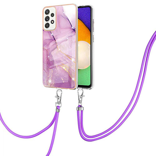 Silicone Candy Rubber Gel Fashionable Pattern Soft Case Cover with Lanyard Strap Y05B for Samsung Galaxy A52 4G Clove Purple