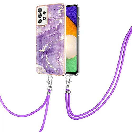 Silicone Candy Rubber Gel Fashionable Pattern Soft Case Cover with Lanyard Strap Y05B for Samsung Galaxy A52 4G Purple