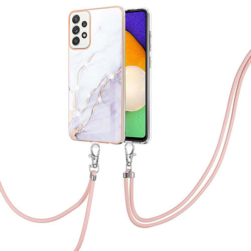 Silicone Candy Rubber Gel Fashionable Pattern Soft Case Cover with Lanyard Strap Y05B for Samsung Galaxy A52 4G White