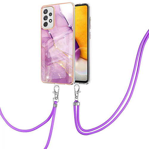 Silicone Candy Rubber Gel Fashionable Pattern Soft Case Cover with Lanyard Strap Y05B for Samsung Galaxy A72 4G Clove Purple