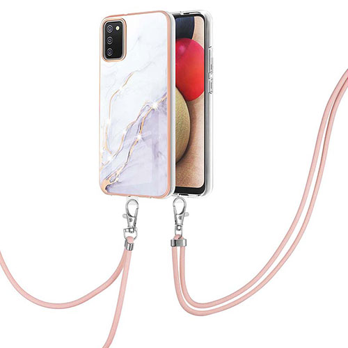 Silicone Candy Rubber Gel Fashionable Pattern Soft Case Cover with Lanyard Strap Y05B for Samsung Galaxy M02s White