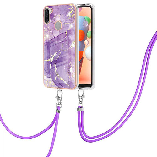 Silicone Candy Rubber Gel Fashionable Pattern Soft Case Cover with Lanyard Strap Y05B for Samsung Galaxy M11 Purple