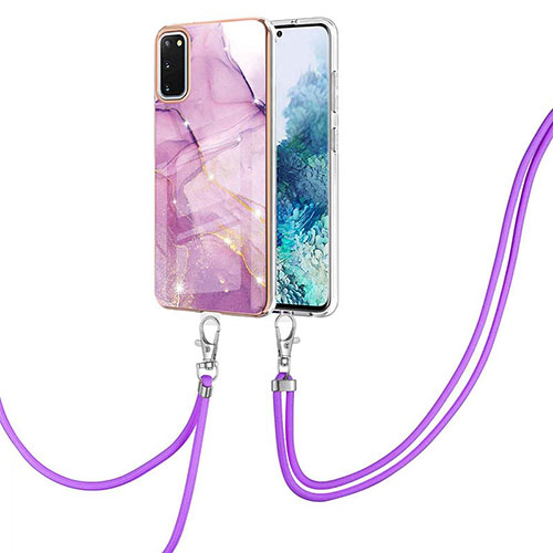 Silicone Candy Rubber Gel Fashionable Pattern Soft Case Cover with Lanyard Strap Y05B for Samsung Galaxy S20 Clove Purple