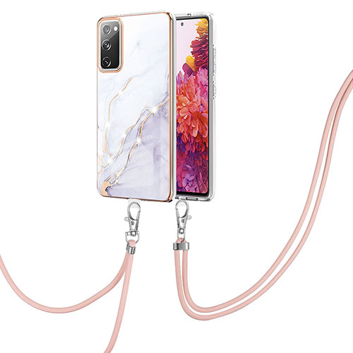 Silicone Candy Rubber Gel Fashionable Pattern Soft Case Cover with Lanyard Strap Y05B for Samsung Galaxy S20 FE 4G White