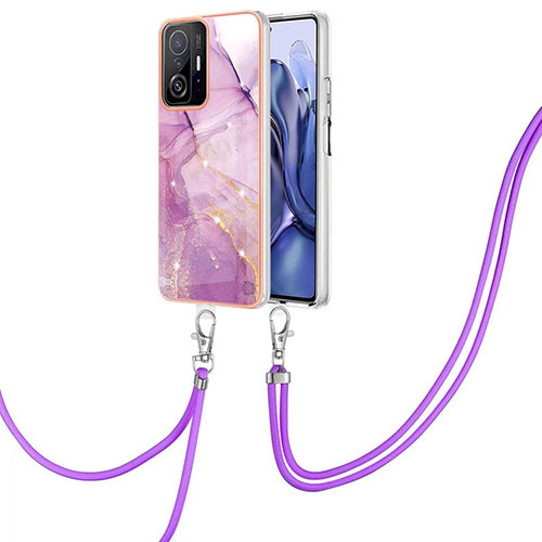 Silicone Candy Rubber Gel Fashionable Pattern Soft Case Cover with Lanyard Strap Y05B for Xiaomi Mi 11T Pro 5G Clove Purple