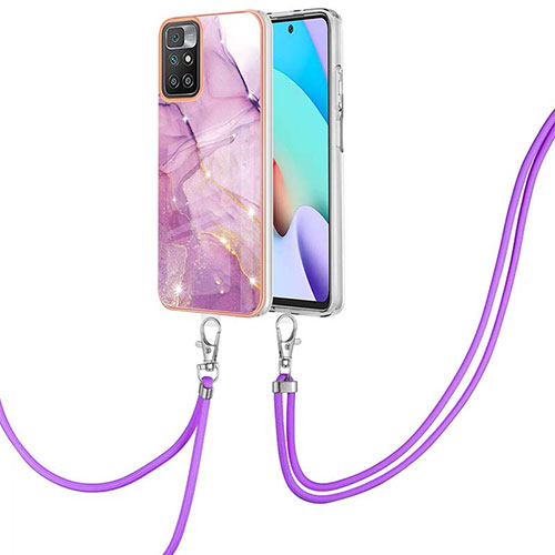 Silicone Candy Rubber Gel Fashionable Pattern Soft Case Cover with Lanyard Strap Y05B for Xiaomi Redmi 10 4G Clove Purple