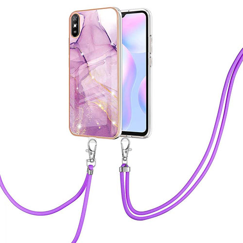 Silicone Candy Rubber Gel Fashionable Pattern Soft Case Cover with Lanyard Strap Y05B for Xiaomi Redmi 9A Clove Purple