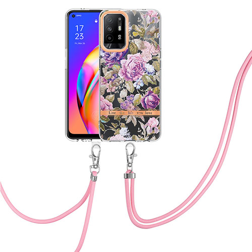 Silicone Candy Rubber Gel Fashionable Pattern Soft Case Cover with Lanyard Strap Y06B for Oppo A94 5G Clove Purple