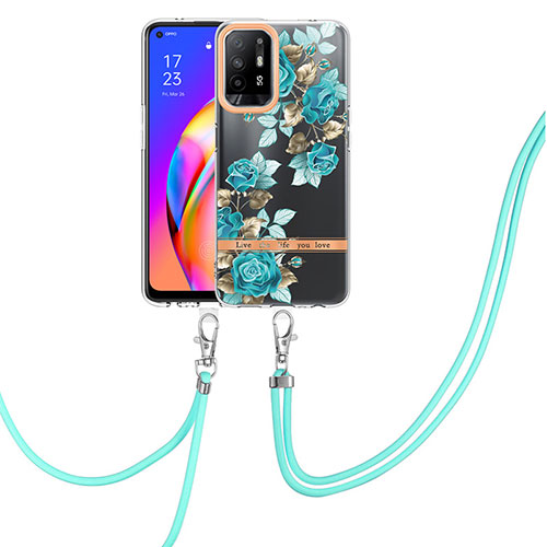 Silicone Candy Rubber Gel Fashionable Pattern Soft Case Cover with Lanyard Strap Y06B for Oppo A94 5G Cyan