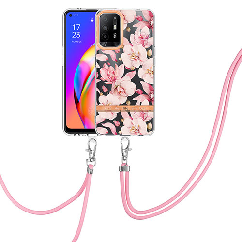 Silicone Candy Rubber Gel Fashionable Pattern Soft Case Cover with Lanyard Strap Y06B for Oppo A94 5G Pink