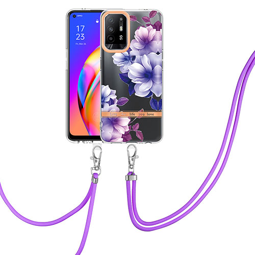 Silicone Candy Rubber Gel Fashionable Pattern Soft Case Cover with Lanyard Strap Y06B for Oppo A94 5G Purple