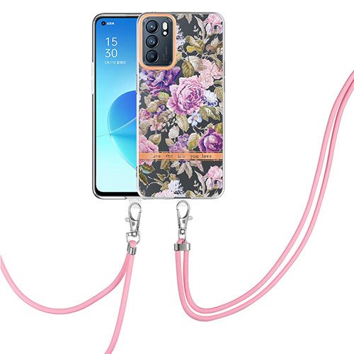 Silicone Candy Rubber Gel Fashionable Pattern Soft Case Cover with Lanyard Strap Y06B for Oppo Reno6 5G Purple