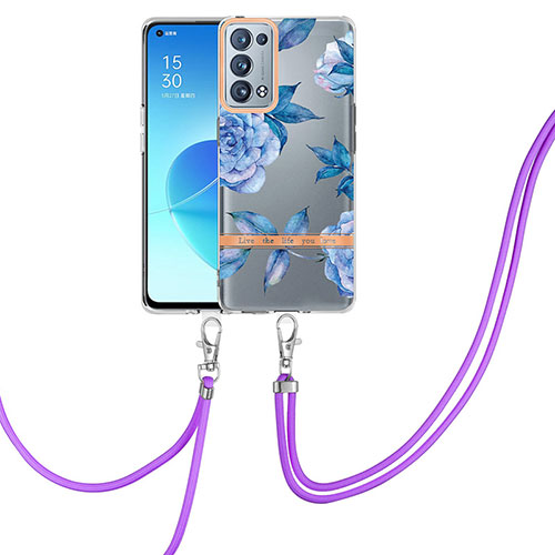 Silicone Candy Rubber Gel Fashionable Pattern Soft Case Cover with Lanyard Strap Y06B for Oppo Reno6 Pro 5G Blue