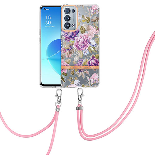 Silicone Candy Rubber Gel Fashionable Pattern Soft Case Cover with Lanyard Strap Y06B for Oppo Reno6 Pro 5G Clove Purple