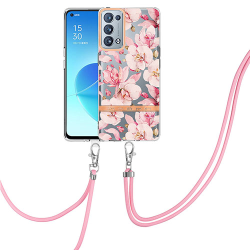 Silicone Candy Rubber Gel Fashionable Pattern Soft Case Cover with Lanyard Strap Y06B for Oppo Reno6 Pro 5G Pink