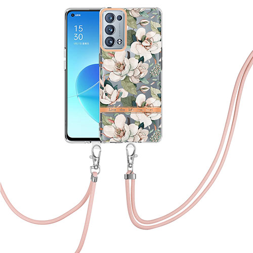 Silicone Candy Rubber Gel Fashionable Pattern Soft Case Cover with Lanyard Strap Y06B for Oppo Reno6 Pro 5G White