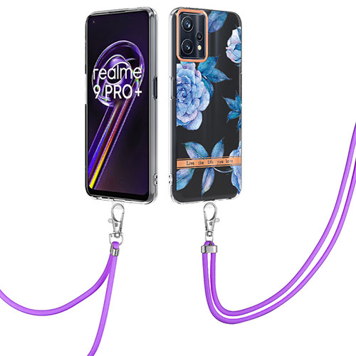 Silicone Candy Rubber Gel Fashionable Pattern Soft Case Cover with Lanyard Strap Y06B for Realme 9 Pro+ Plus 5G Blue