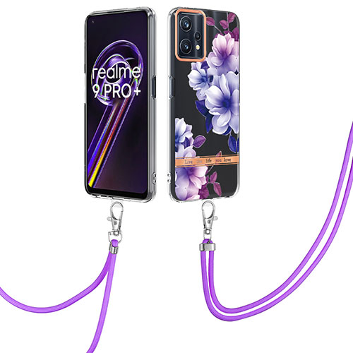 Silicone Candy Rubber Gel Fashionable Pattern Soft Case Cover with Lanyard Strap Y06B for Realme 9 Pro+ Plus 5G Purple
