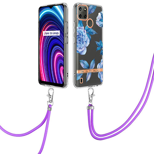 Silicone Candy Rubber Gel Fashionable Pattern Soft Case Cover with Lanyard Strap Y06B for Realme C21Y Blue