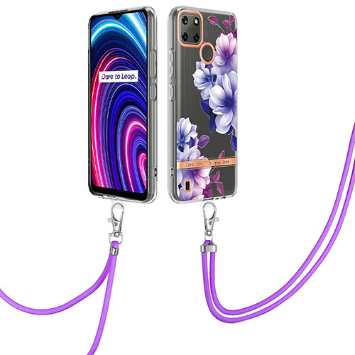 Silicone Candy Rubber Gel Fashionable Pattern Soft Case Cover with Lanyard Strap Y06B for Realme C21Y Purple