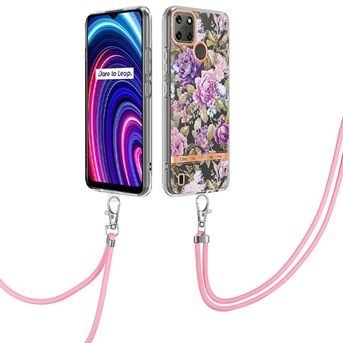 Silicone Candy Rubber Gel Fashionable Pattern Soft Case Cover with Lanyard Strap Y06B for Realme C25Y Clove Purple