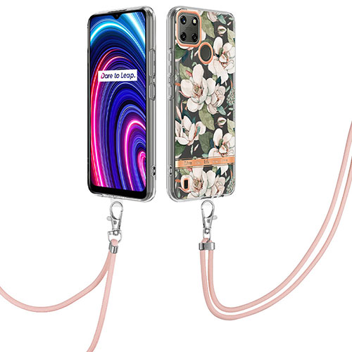 Silicone Candy Rubber Gel Fashionable Pattern Soft Case Cover with Lanyard Strap Y06B for Realme C25Y India White